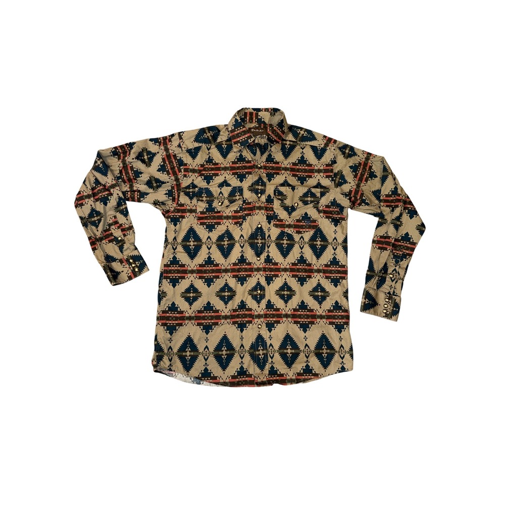 Ariat Western Shirt Mens‎ Small Tan Blue Aztec Pearl Snap Long Sleeve Print